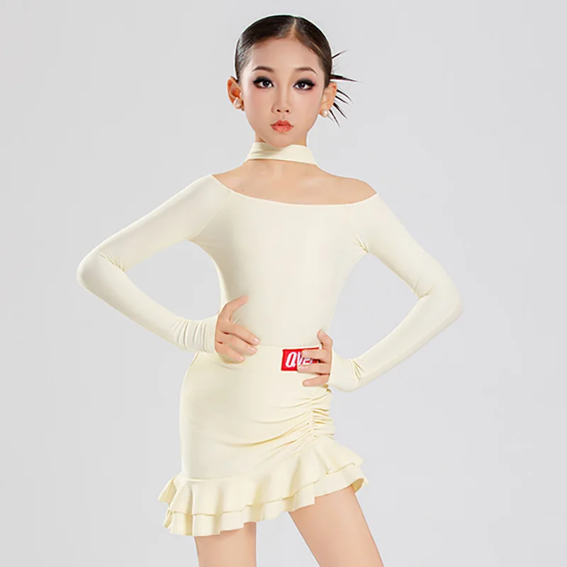 Dames Kinderen Meisjes Latin Danskostuums Lange mouw Off-the-shoulder bodysuit en oefenrokken Ballroom Rumba Dancewear