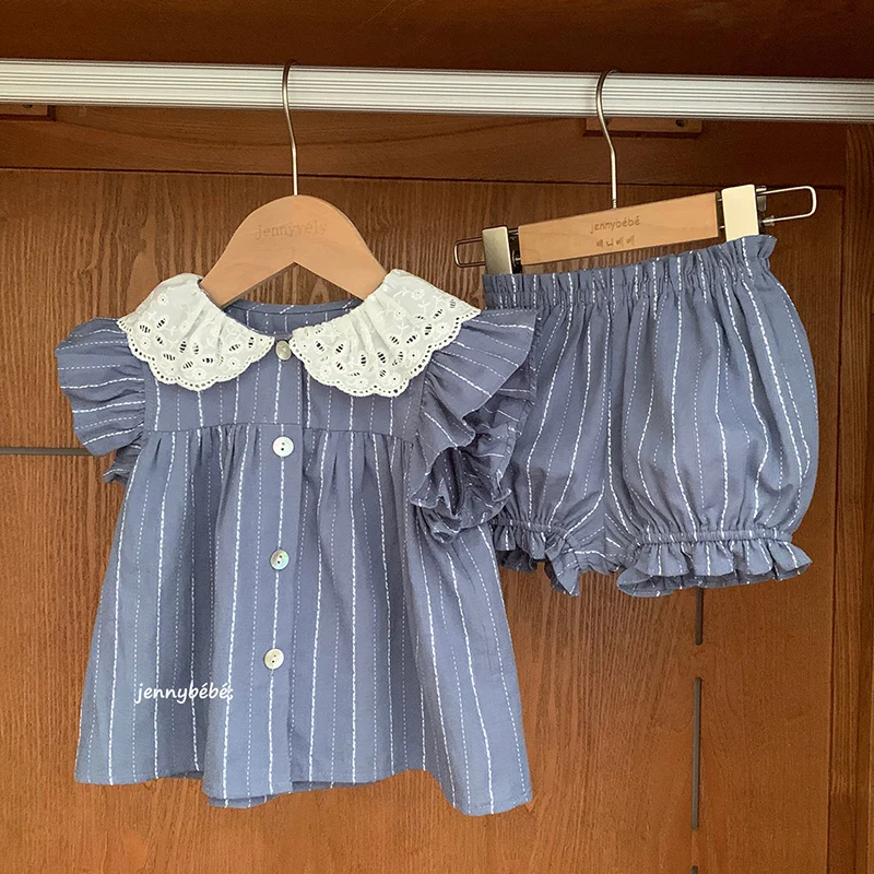 

Новый летний комплект одежды для девочек 1-4 лет: хлопковая рубашка с рукавами-крылышками + шорты, набор для новорожденных девочек