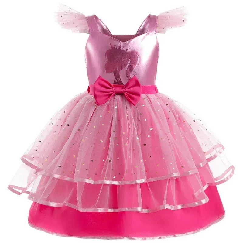 

Girls' New Barbie Bow Print Small Flying Sleeve Cosplay Dress for Graduation Party Sweet and Cute Fashion Mesh Dress