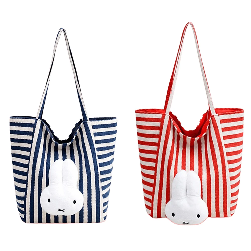 Cute Miffy Kawaii Embroidery Shoulder Bag Cartoon Rabbit Two Sided Stripe Canvas Bag High Capacity Shopping Bag Girl Gift