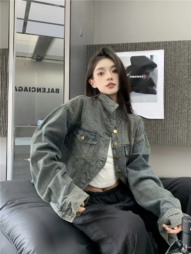 

Retro Distred Long Sve Casual Denim Jaet Spring 2026 New Design Loose Versatile ort Top Trendy Women's Faion