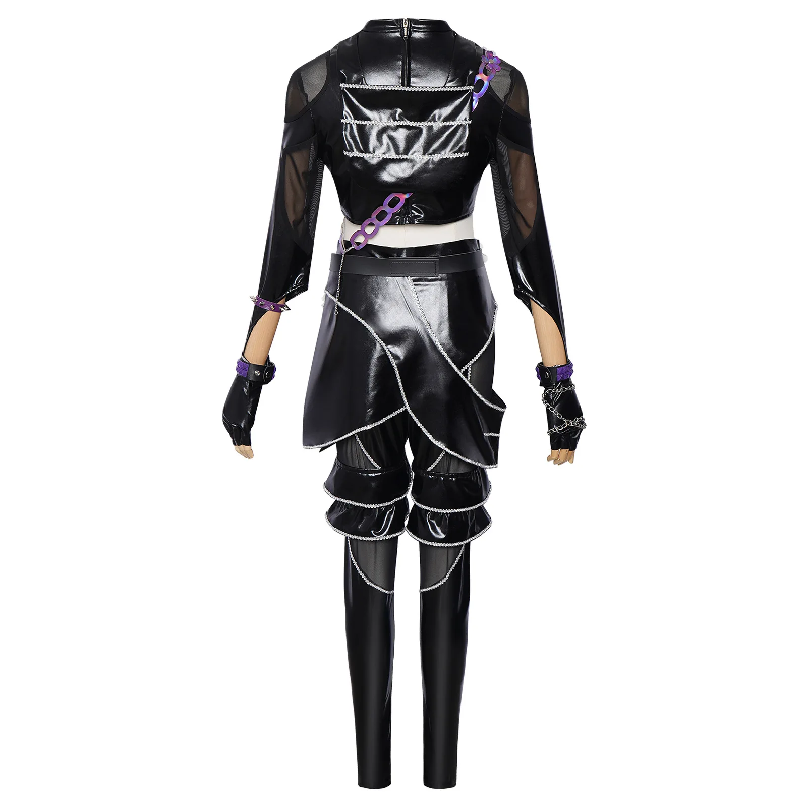 Kpop Outfits Women Black Purple PU Leather Set Y2K Cyberpunk Streetwear Sexy Mesh Patchwork Jazz Dance Performance Costume view 5