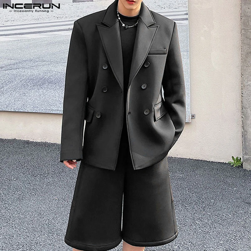 2024 Men Simple Solid 2PCS Suit Sets INCERUN Casual Long Sleeve Button Tops Side Pocket Elastic Waist Shorts Suits Male Outfits