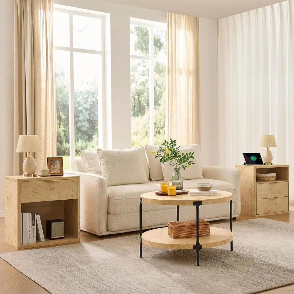 Natural Burl Wood 2-Tier Farmhouse Coffee Table, 29.1 Diameter x 18.3 Height