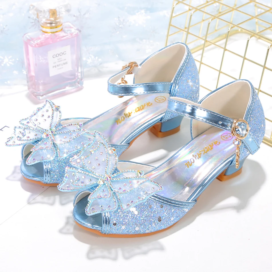 

Cinderella Shoes for Girls Heel Kids Princess Dress Party Leather Wedges Children Butterfly Slip On Wedding Ballerina Flats