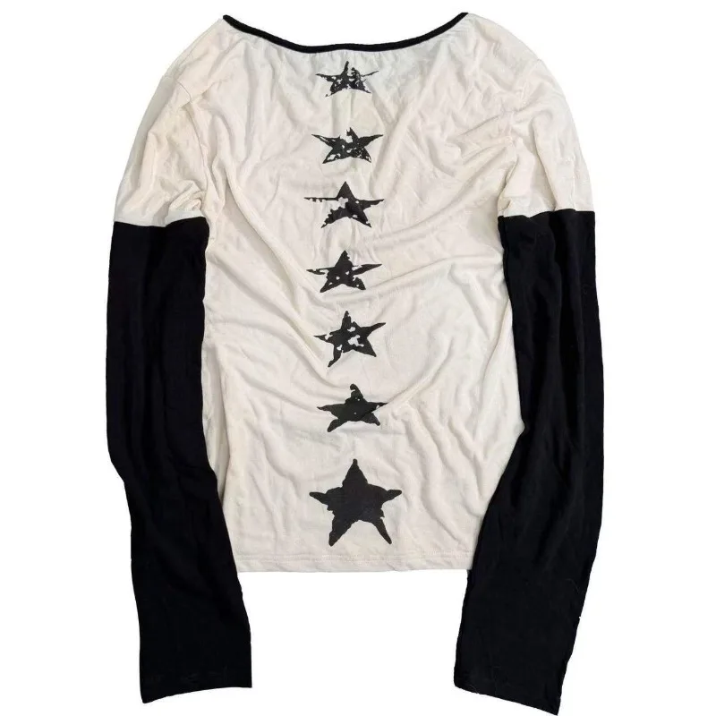 Women American Retro Spliced Fake Two Piece Print T-shirt Autumn Punk Subculture Slim Long Sleeve Tees Vintage Fashion Tops New