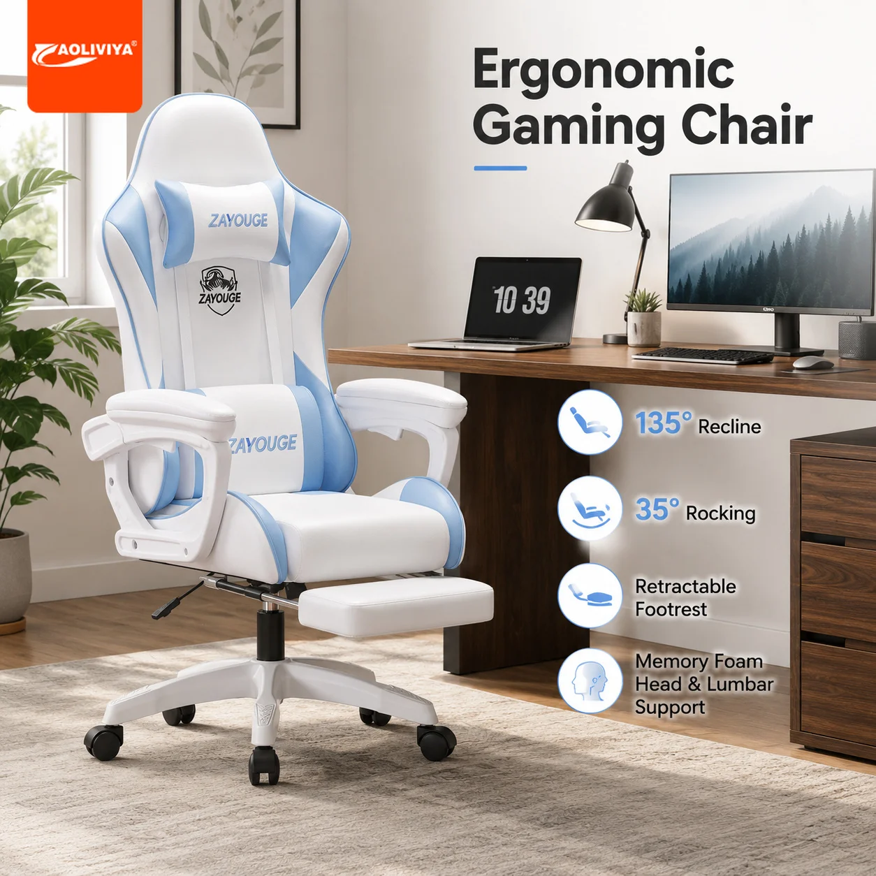 AOLIVIYA E-Sports Chair Reclining Office Chair Home Computer Rotating Lifting Backrest Internet Cafe Game Chair with Foot