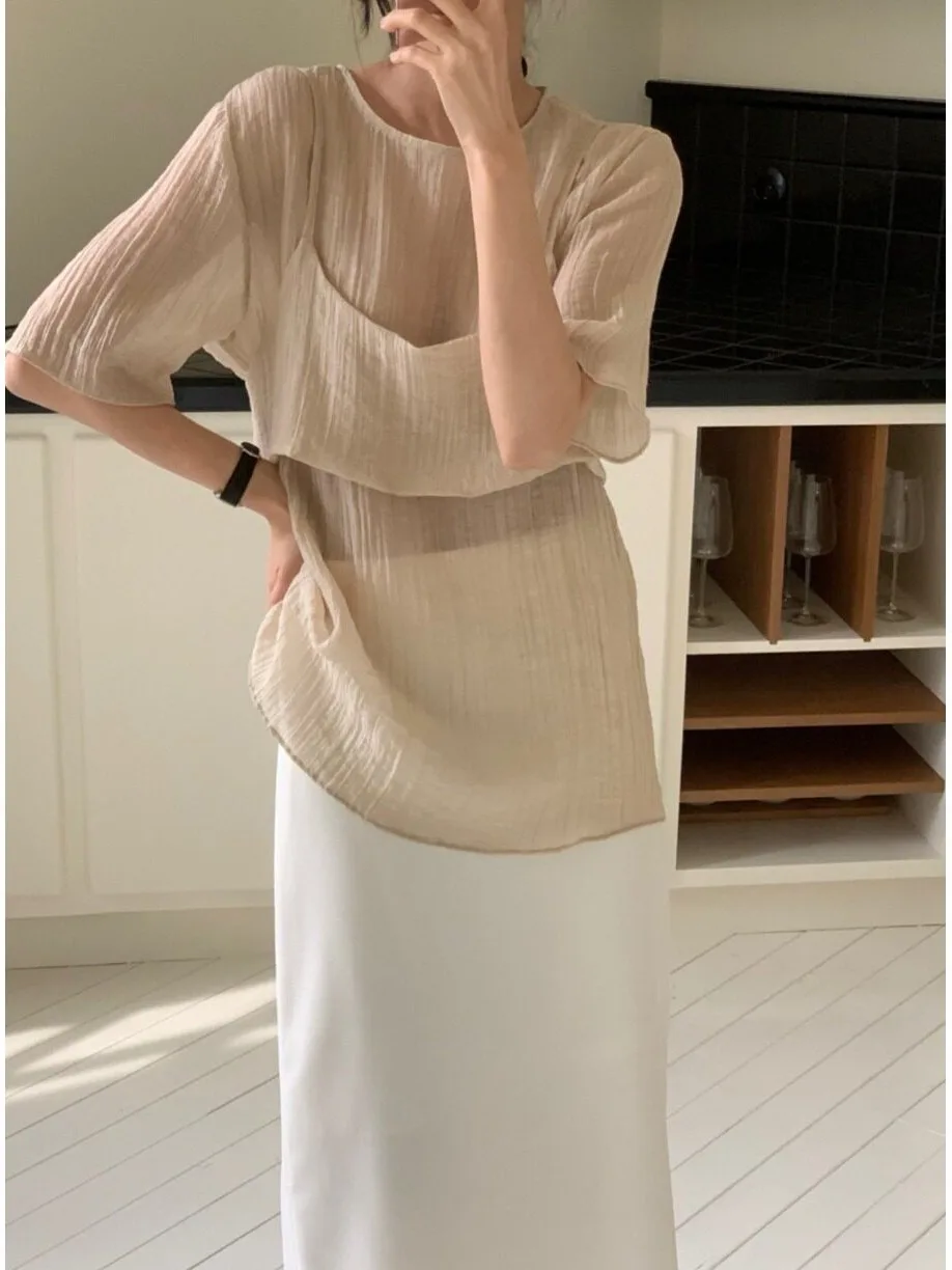 Women's Summer New Folded Short Sleeve Chiffon Tank Top And Vest Two-Piece Set Transparent Micro-Light Korean Style Inner Wear