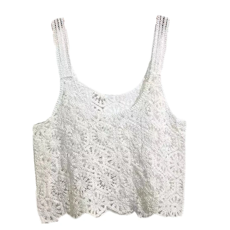 Women Vintage Crochet Cropped Tank Top Boho Hollow Out Knitted Floral Pattern Camisole Summer Sleeveless Cover Up Vest