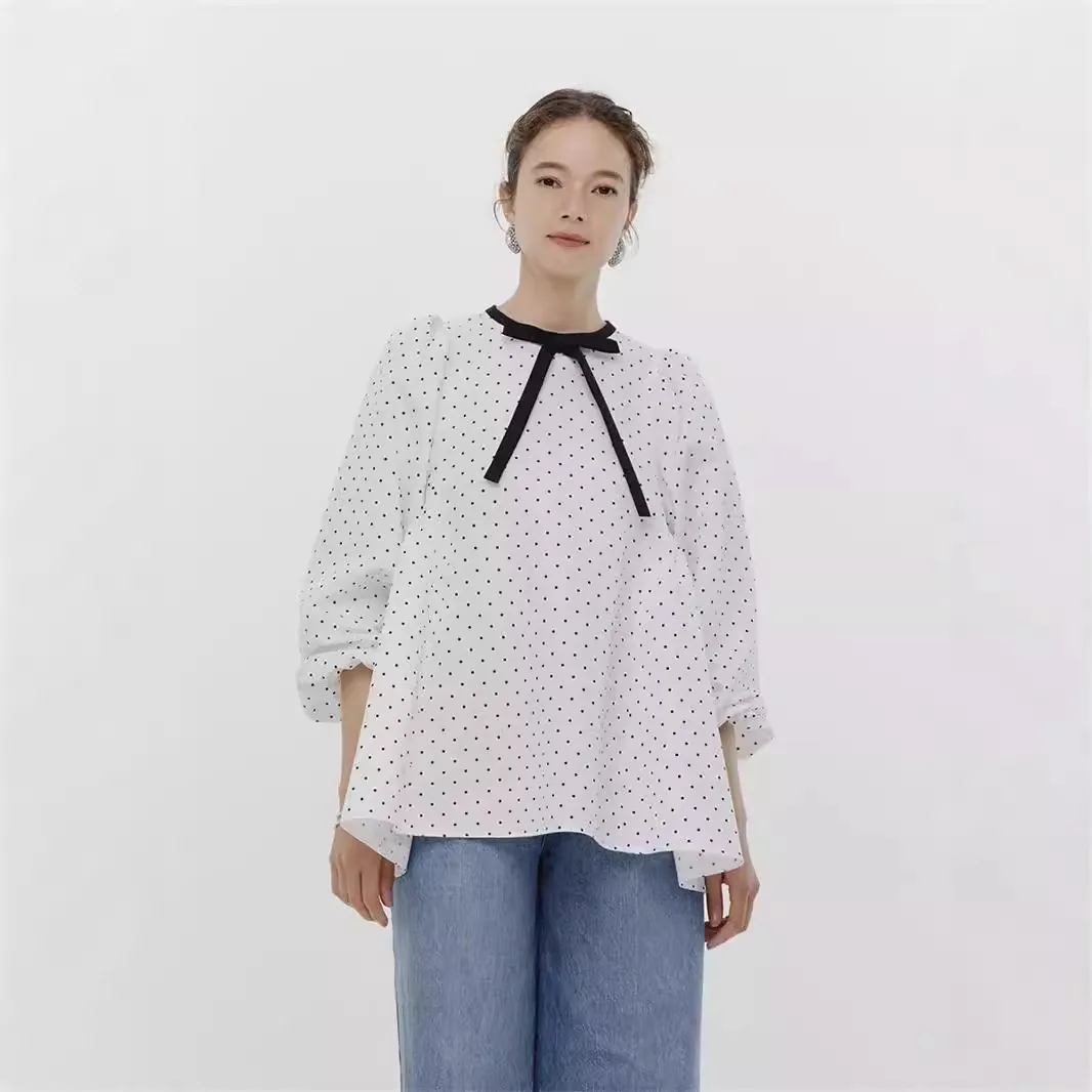 

Gagarich 2025 Early Autumn Japanese Blogger Lantern Sleeves Fashion Polka Dot Print Loose Elegant Temperament Lace Up Shirt Top
