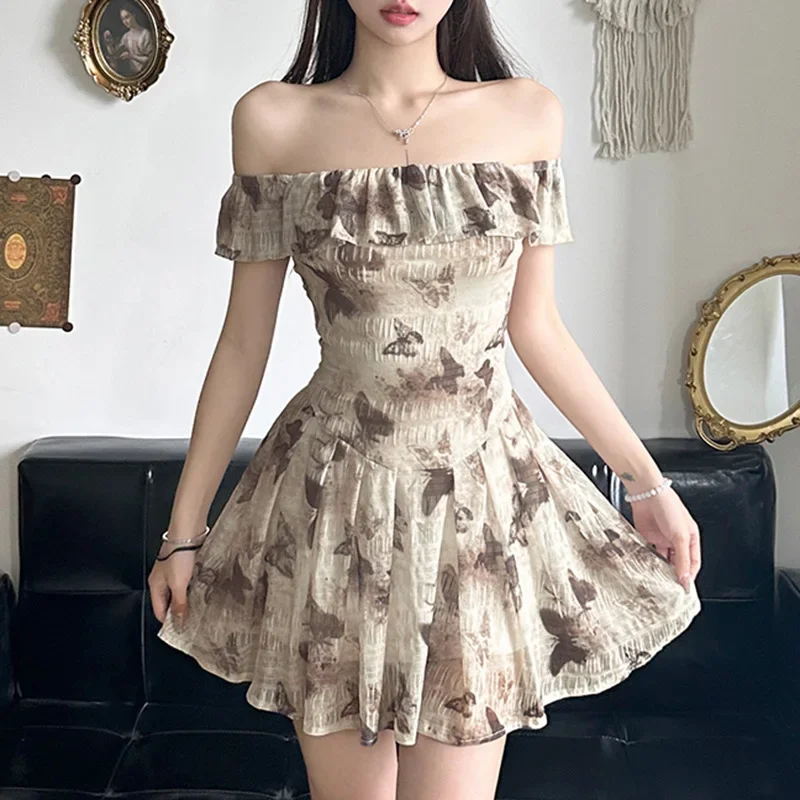 

Vintage Butterfly Printed Ruffles A-Line Dress Slim Slash Neck Short Sleeve Mini Dressees For Women 2024 Summer Fashion