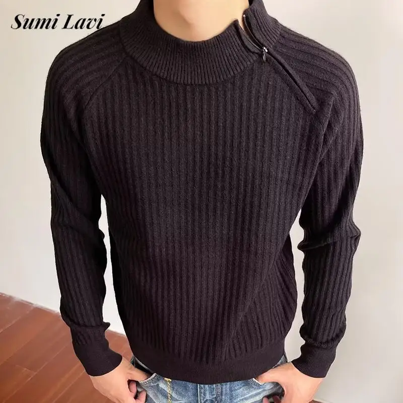 

Autumn Winter Daily Casual Mens Slim Sweaters Vintage Zipper Irregular Mock Neck Knit Pullovers For Men Fashionable Sweater