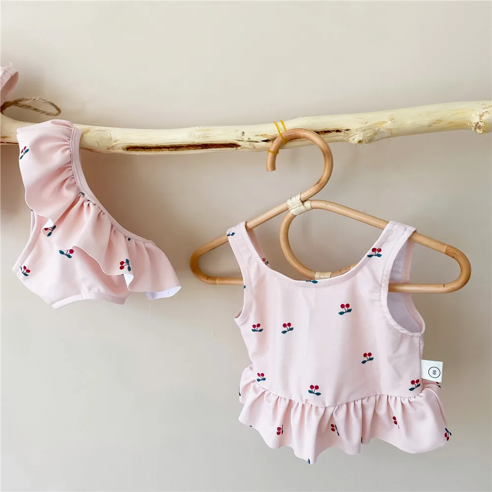 Newborn Baby Girl Split Swimsuit Cherry Print Summer Baby Bathing Suit With Hat Girls Swimwear Sleeveless Toddler Beach Clothes