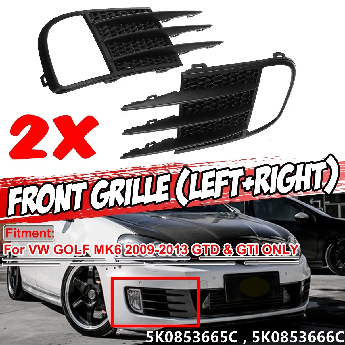 Paar ABS Auto Frontstoßstange Nebelscheinwerfer Kühlergrill Abdeckung Nebelscheinwerfer Abdeckung Trim Für VW Golf 6 MK6 VI GTI R R20 2008-2013 5K 0853665 C