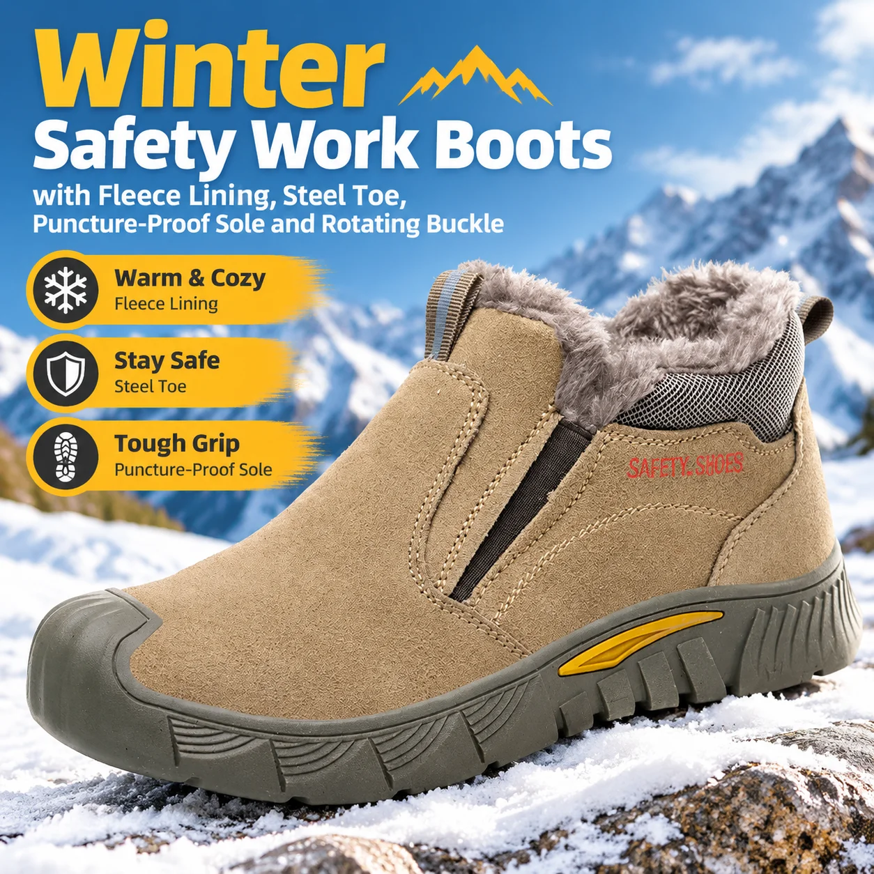 Winter Safety Work Boots with Fleece Lining, Steel Toe, Puncture-Proof Sole and Rotating Buckle