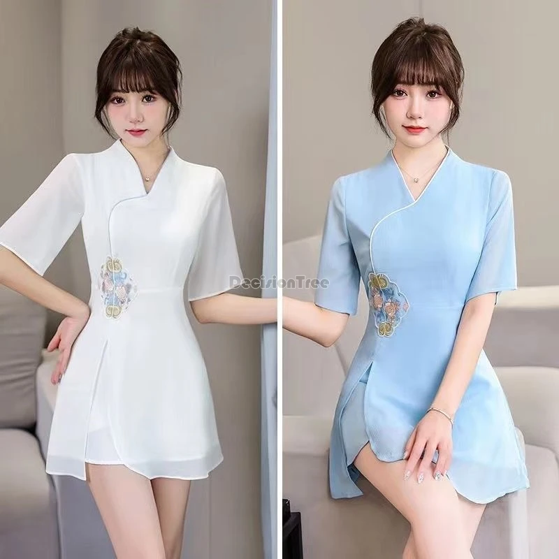 2024 foot bath and therapy technician work clothes fairy sauna massage spa uniform new solid color embroidery beautician uniform