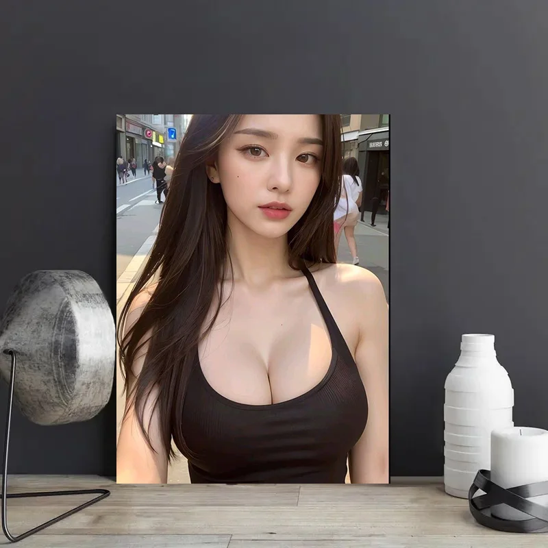 Vintage Sexy Asian Woman In Black Halter Neck Top Urban Street Style Retro Metal Tin Sign, Rustic City Portrait Wall Art Decor,
