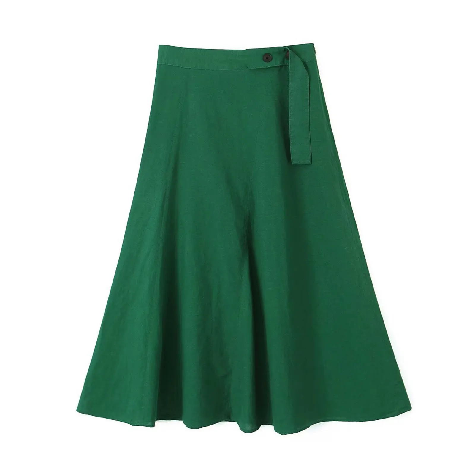 

Summer Retro Deep Green Cotton Linen A-line Skirts for Women Elegant High Waist Buttons Pleated Knee-length Skirts All-match