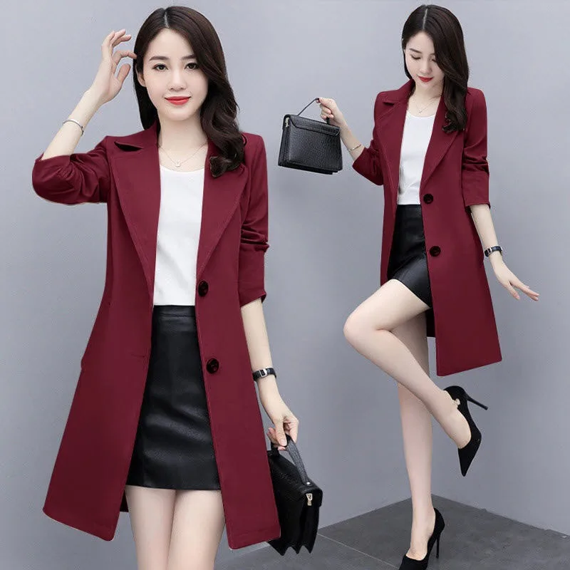 2026 New Spring Autumn Windbreaker Women's Coat Mid-Length Single-Breasted High-End Korean Loose Red Wine Khaki Black Outerwear