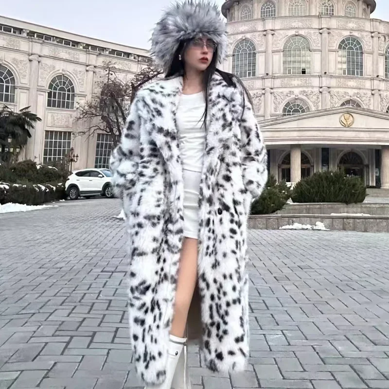 

Women Autumn Winter New Cool Girls Faux Fur Coat Long Belted Leopard Print Fox Fur Outerwears Thick Warm Soft Fluffy Overcoat