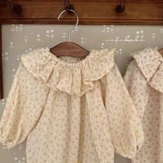 2024 autunno nuovo bambino manica lunga body neonata carino floreale colletto arruffato tuta cotone lino vestiti per bambini 0-24M