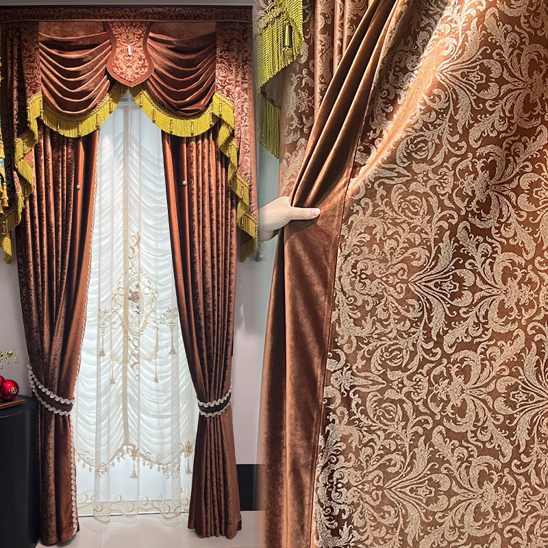 Custom Size European White Tulle Retro Gold Stamping Velvet Cloth Embroidered Yarn Curtains for Living Dining Room Bedroom