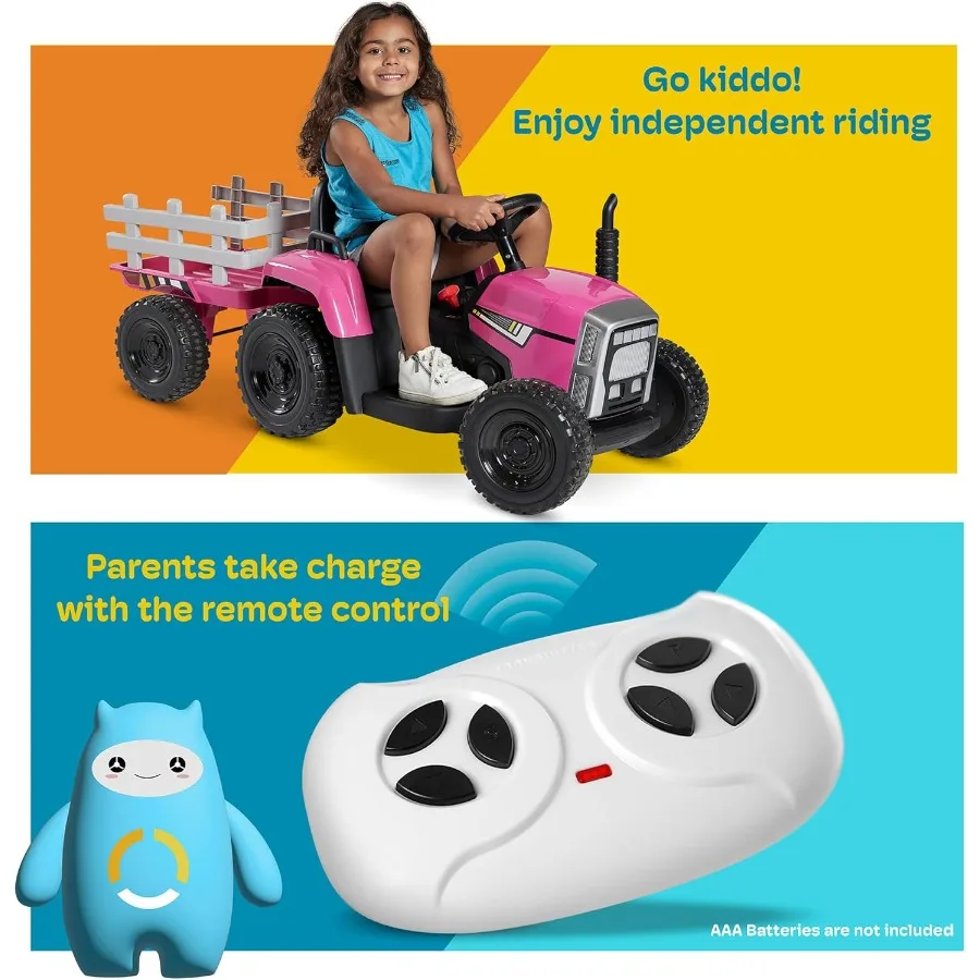 Versão premium 12v7ah com pneus nivelados eva, motores duplos de 35w, torque de potência, controle remoto, trator elétrico com reboque para crianças pequenas