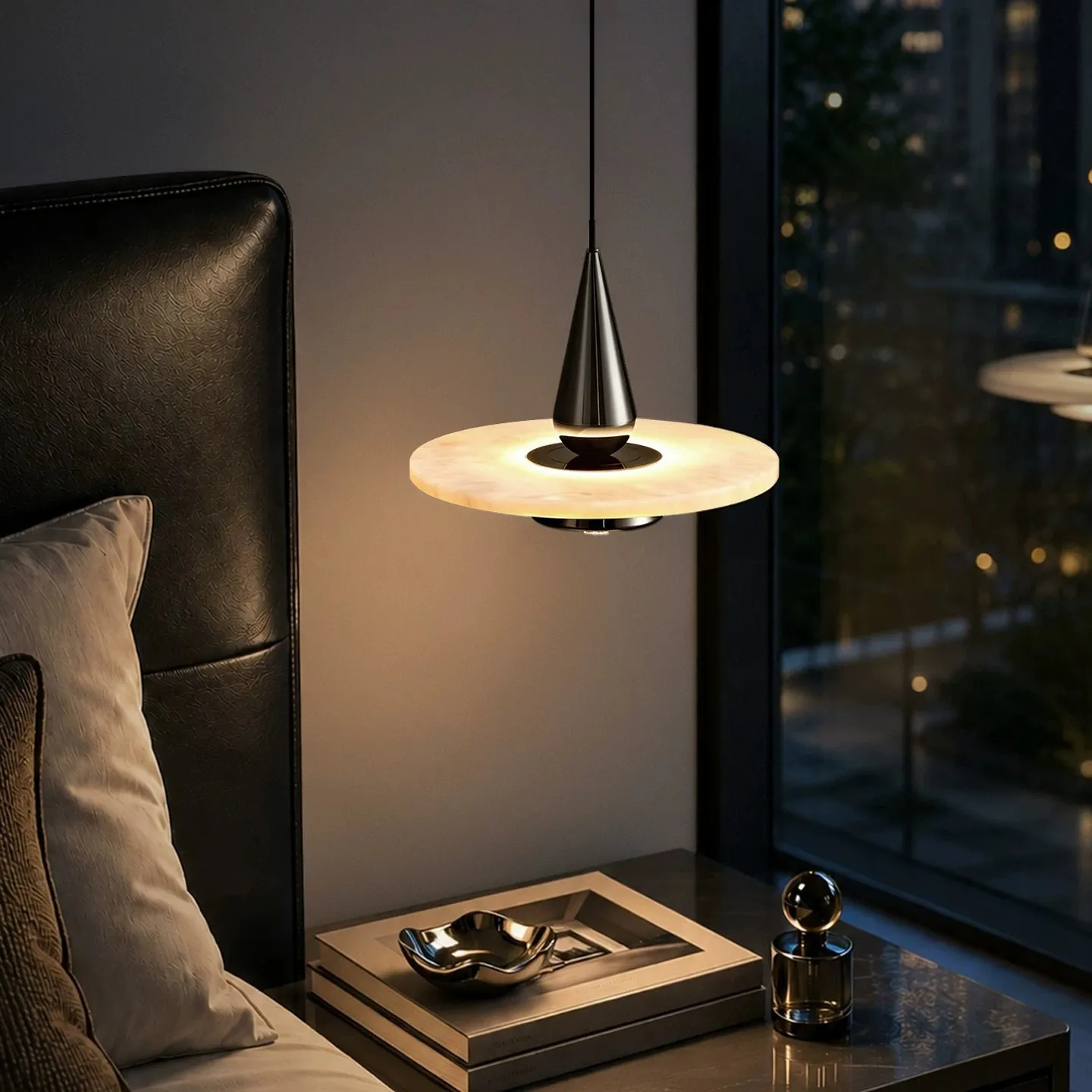 Marble flying saucer lift bedroom bedside chandelier minimalist high-end hand sweep induction entrance chandelier