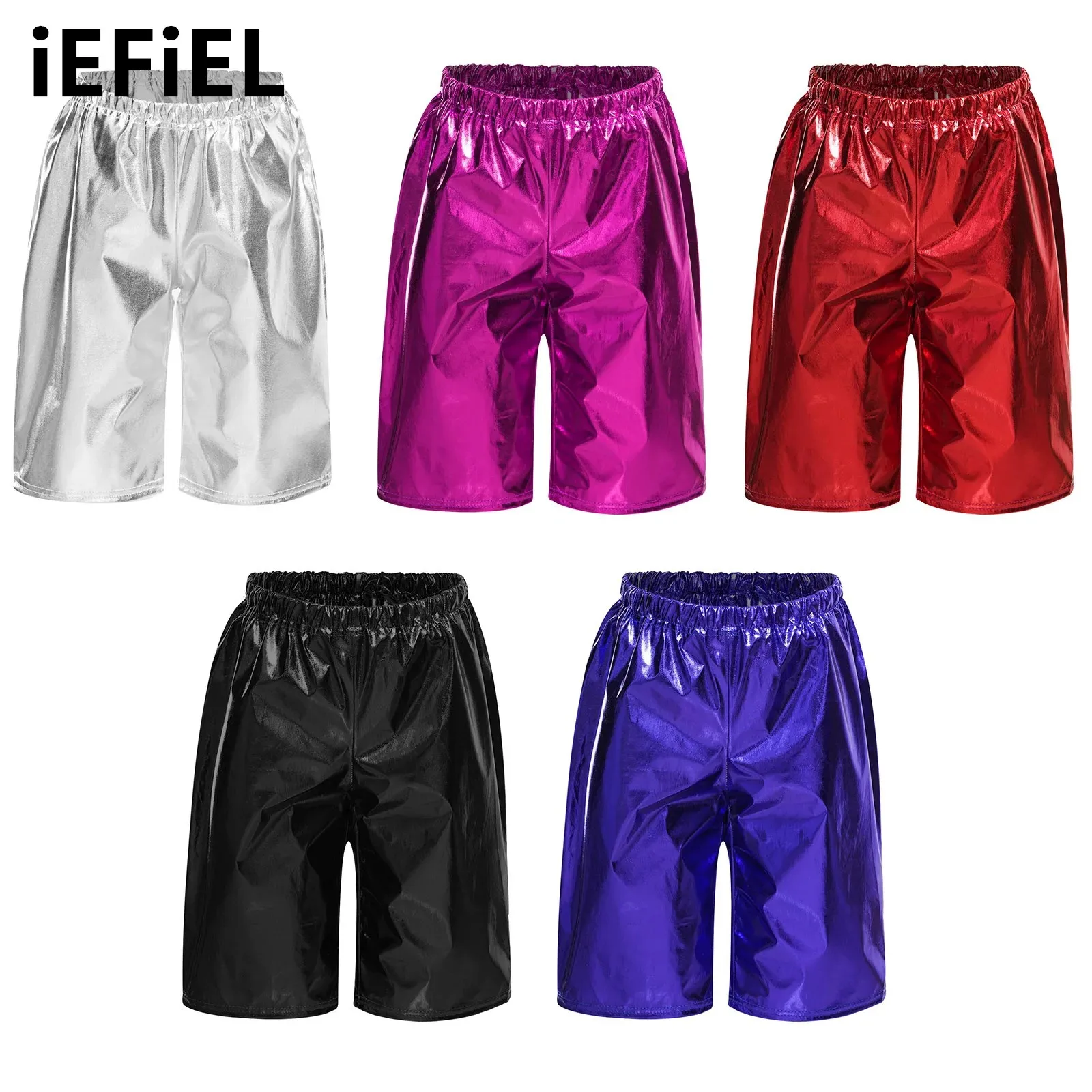 

Children Jazz Shorts Girls Boys Knee Length Elastic Waistband Shiny Metallic Shorts for Dance Stage Performance