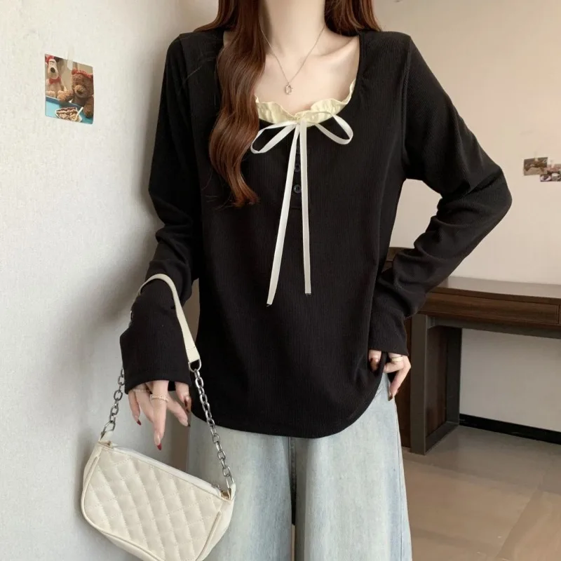 Bow Fake Two-piece Long-sleeved German Velvet T-shirt Women's Autumn Winter Shirt Top