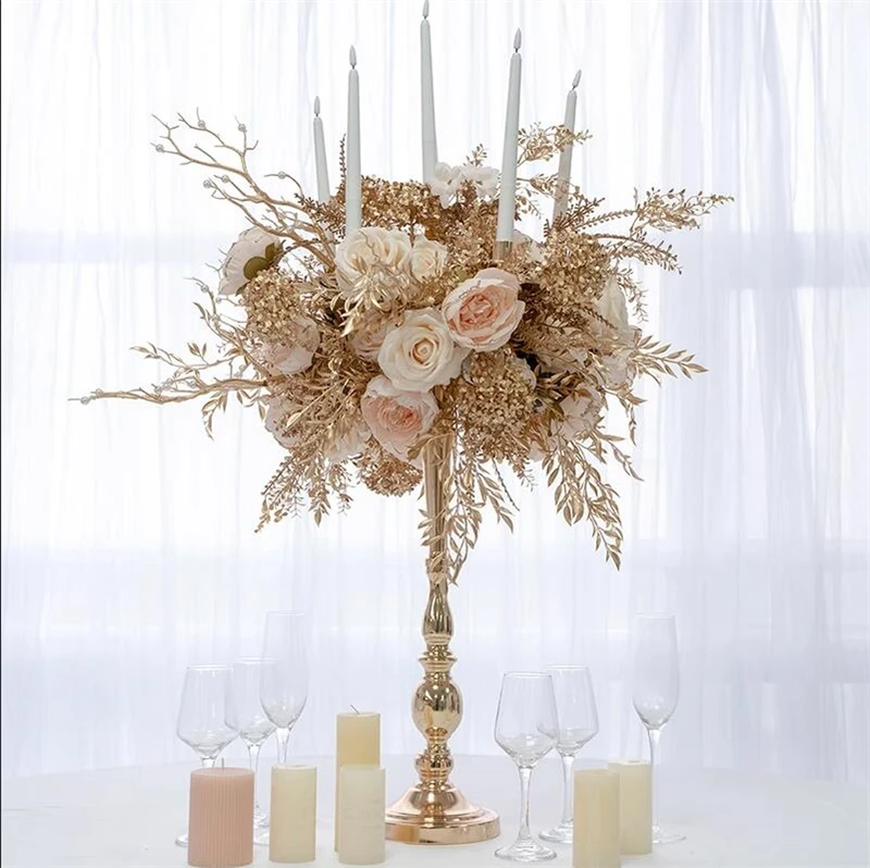 

Artificial Table Flower with Candle Sticks, Rose, Baby Breath, Centerpieces for Weddings Decoration, Flower Ball, 55cm