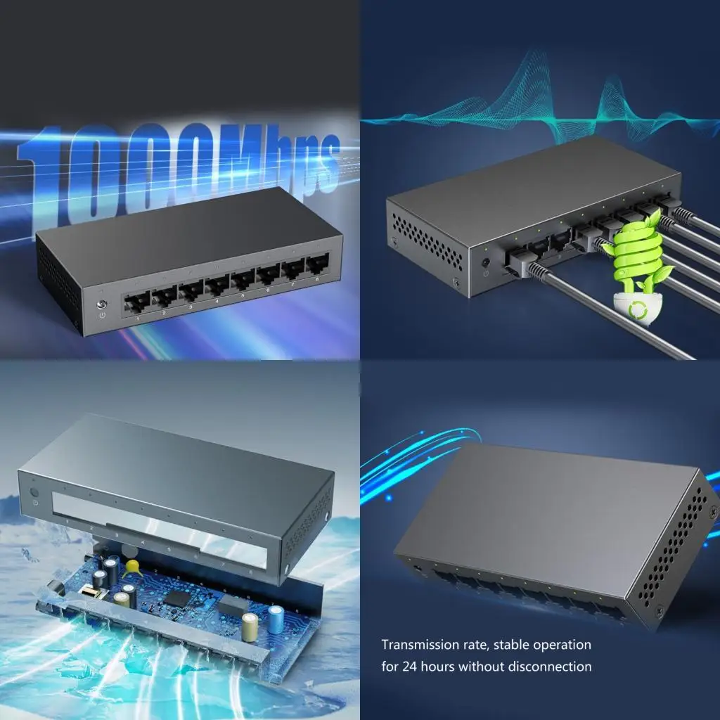 652F Metal 8 Port Gigabit Switchs Auto MDI/MDI X Detection Energy Saving Switches Ethernet for Office Home