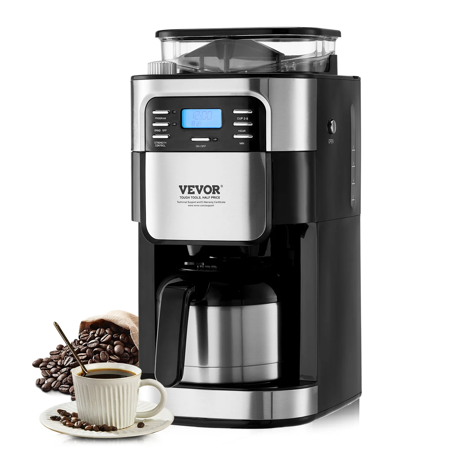 VEVOR Coffee Maker with Grinder, 8 Cup Grind and Brew Coffee Maker with 3 Brew Strength Control, 24-Hour Timer for Auto Brew