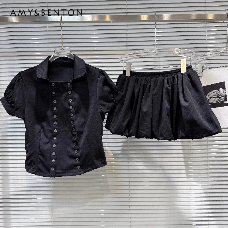 

Sweet Double-breasted Puff Sleeve Women's Short-sleeved Shirt 2026 Summer New Black Hot Girl Versatile Bud Skirt Suit Ladies