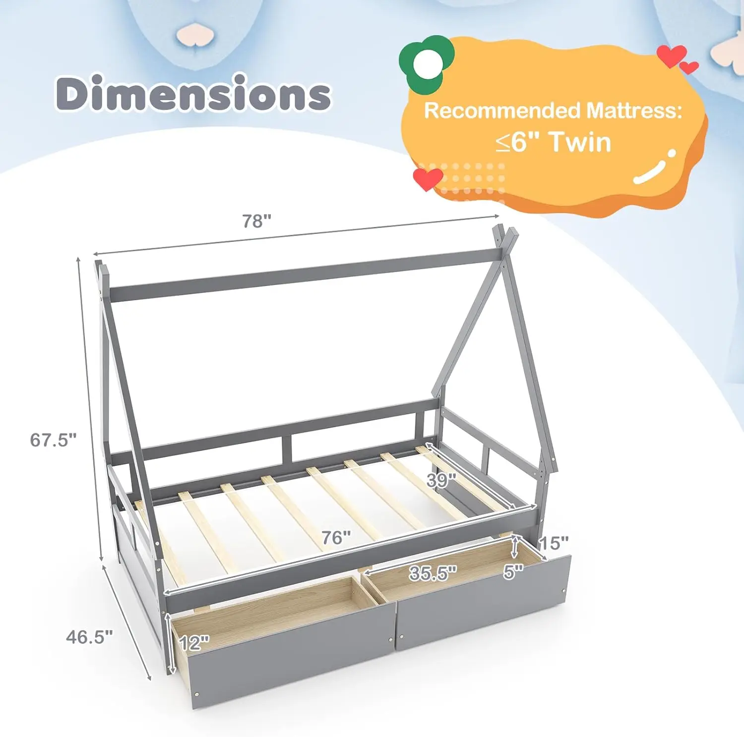 Drawers, Wood Montessori House Tent Bed Frame with Safety Guardrail, Low Teepee Bed with Wood Slat Support for Boys Girls Teens,