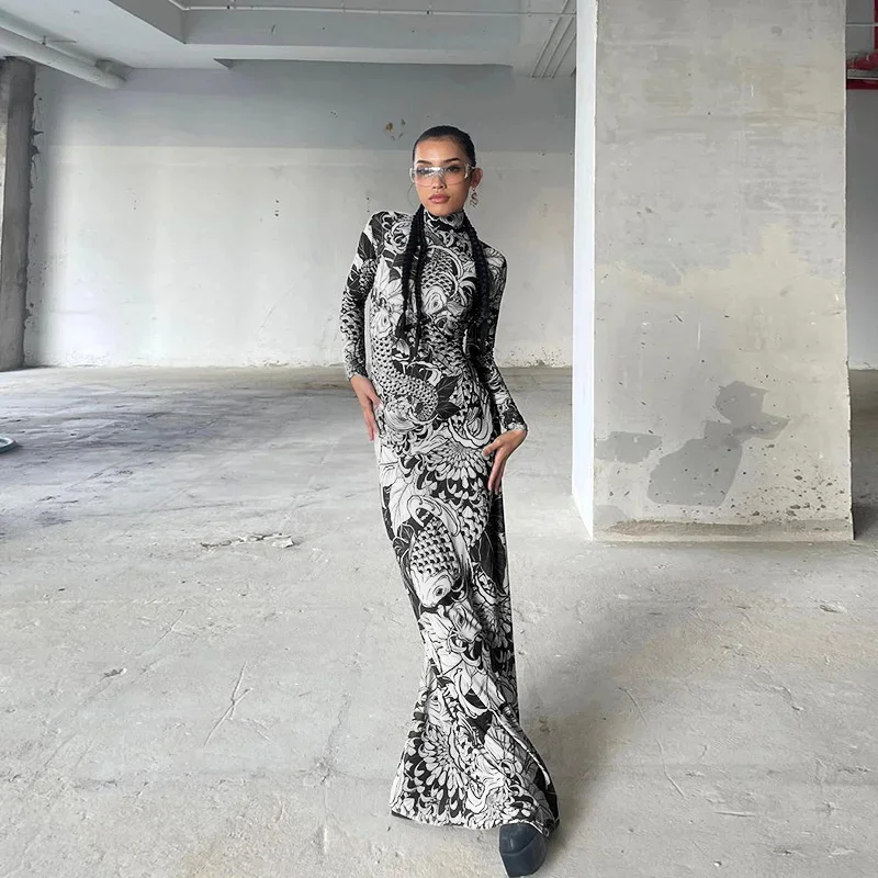Vintage Print Mesh Maxi Dress For Women 2025 Trendy Long Sleeve Slim Sheer Bodycon Gown With Stand Neck Elegant Party Outfit New