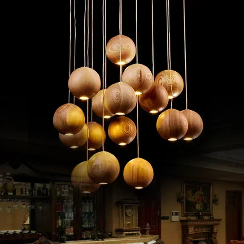 Designer's Solid Wood Pendant Light Creative Art Kitchen Restaurant Hanging Lamp New Chinese Hotel Wooden Ball Bar LED Lighting