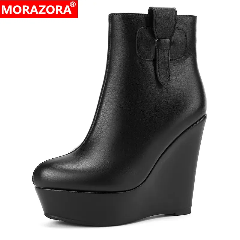 

MORAZORA 2025 New Genuine Leather Boots Women Round Toe Platform Boots Zipper Black Autumn Wedges High Heels Boots Daily Shoes