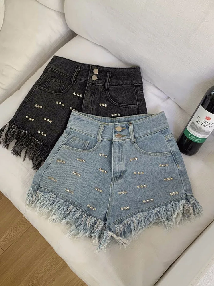 

Summer Denim Shorts Women High Waist Loose Slimming Beads Diamond Raw Edge Short Jeans A- Line Wide Leg Biker Shorts Hot Pants