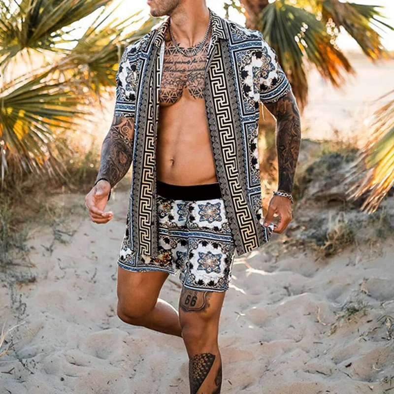 

Summer 2023 Loose Printed Casual Hawaiian irt And orts Set for Men Comfortable Breathable Beachwear Two-Piece Ensemble