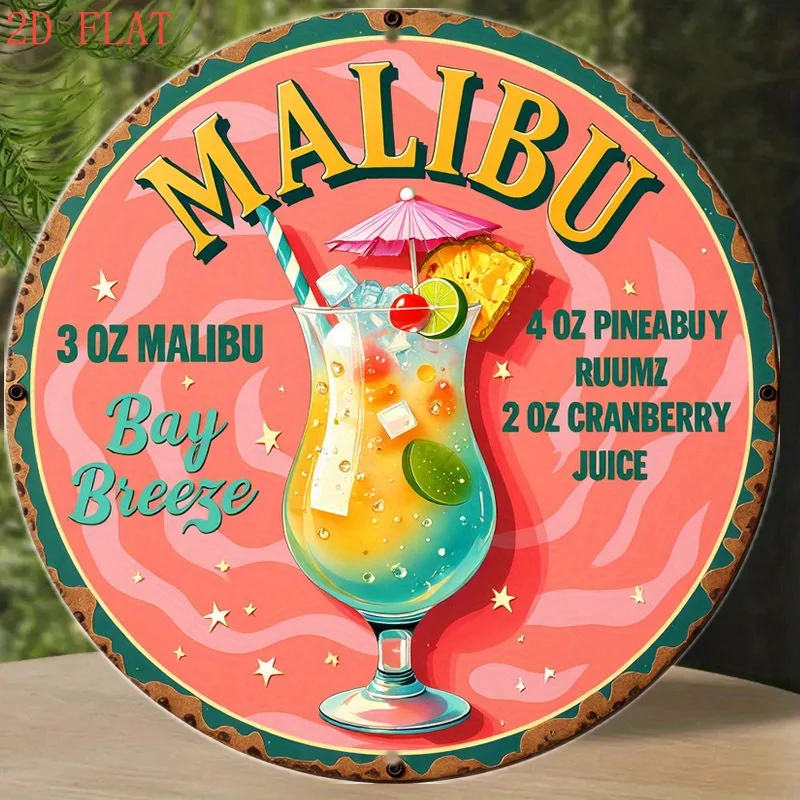 Letrero Circular de Aluminio de 8 Pulgadas [2D Plano] para Pared | Cóctel Malibu Bay Breeze en una sola pieza, con una bebida tropical y vibrante
