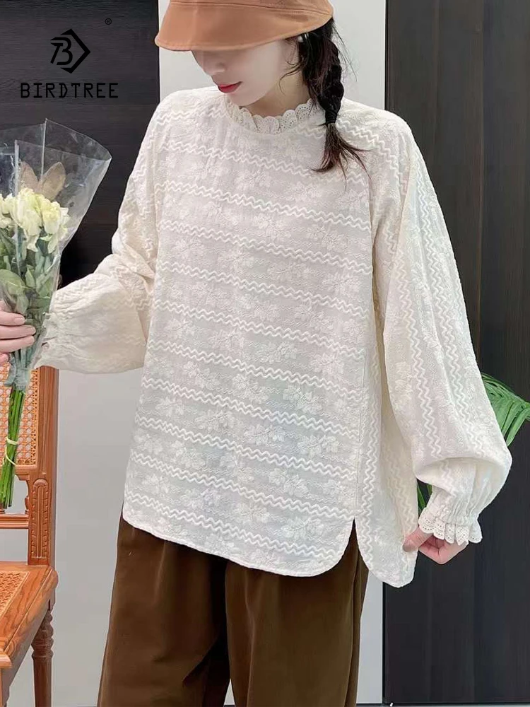 

New Autumn Cotton Long Sleeve Shirts, Women O Neck Embroidery Tops, Mori Girl Loose Casual Sweet Blouses, 2024 Winter T48652QC