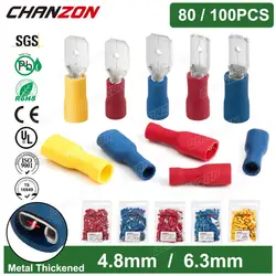80/100PCS 4.8Mm 6.3Mm Male Female Insulated Crimp Spade Connectors Electrical Cable Wire Terminal Red Blue Yellow Assortment
