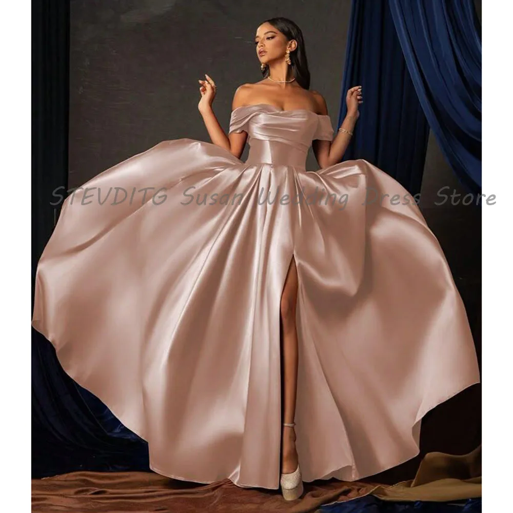 

Champange Evening Dresses Prom Party Off The Shoulder A Line Vent Satin Smooth Celebrity Banquet Formal Occasion Female Gowns