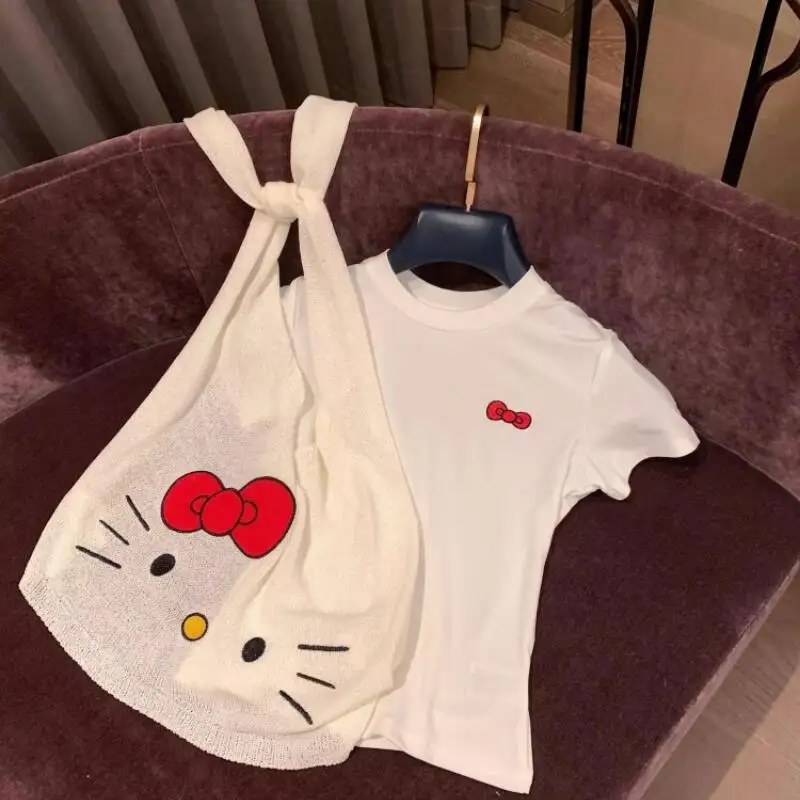 2026 New Hello Kitty Pattern Shawl Women's Summer Simple Top Dress Up Cute Cartoon Playful Knitted Shawl Sweet Girly Small Scarf