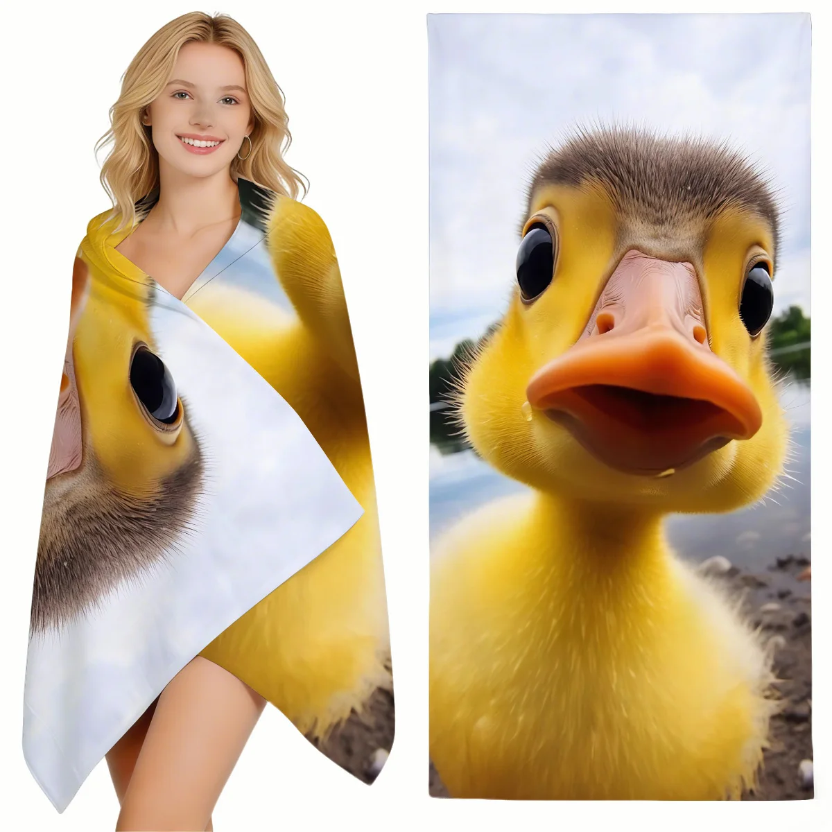 

1pc cute yellow duck printed beach towel, ultra-fine fiber absorbent, fast drying swimming towel (single-sided printed)