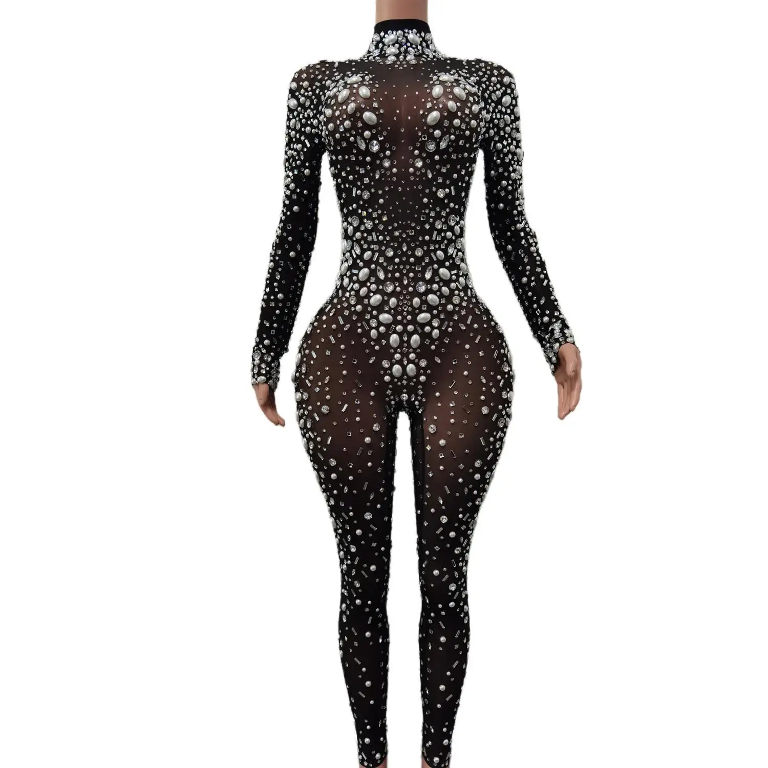 Women Stage Big Pearls Rhinestones Stretchy Transparent Jumpsuit Evening Birthday Celebrate Outfit Sexy Dancer Bodysuit Tiaoliao