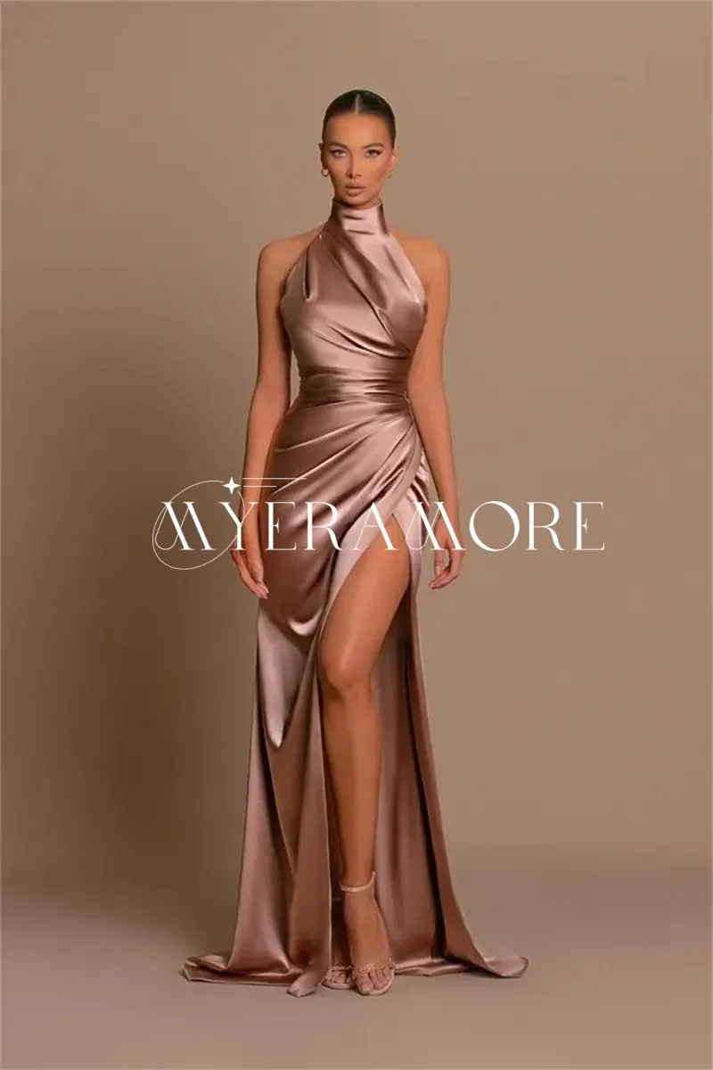 

Великолепные атласные платья для выпускного вечера с бретелькой на шее, платья подружки невесты с разрезом 2022, вечерние платья по индивидуальному заказу فساتين سهرة