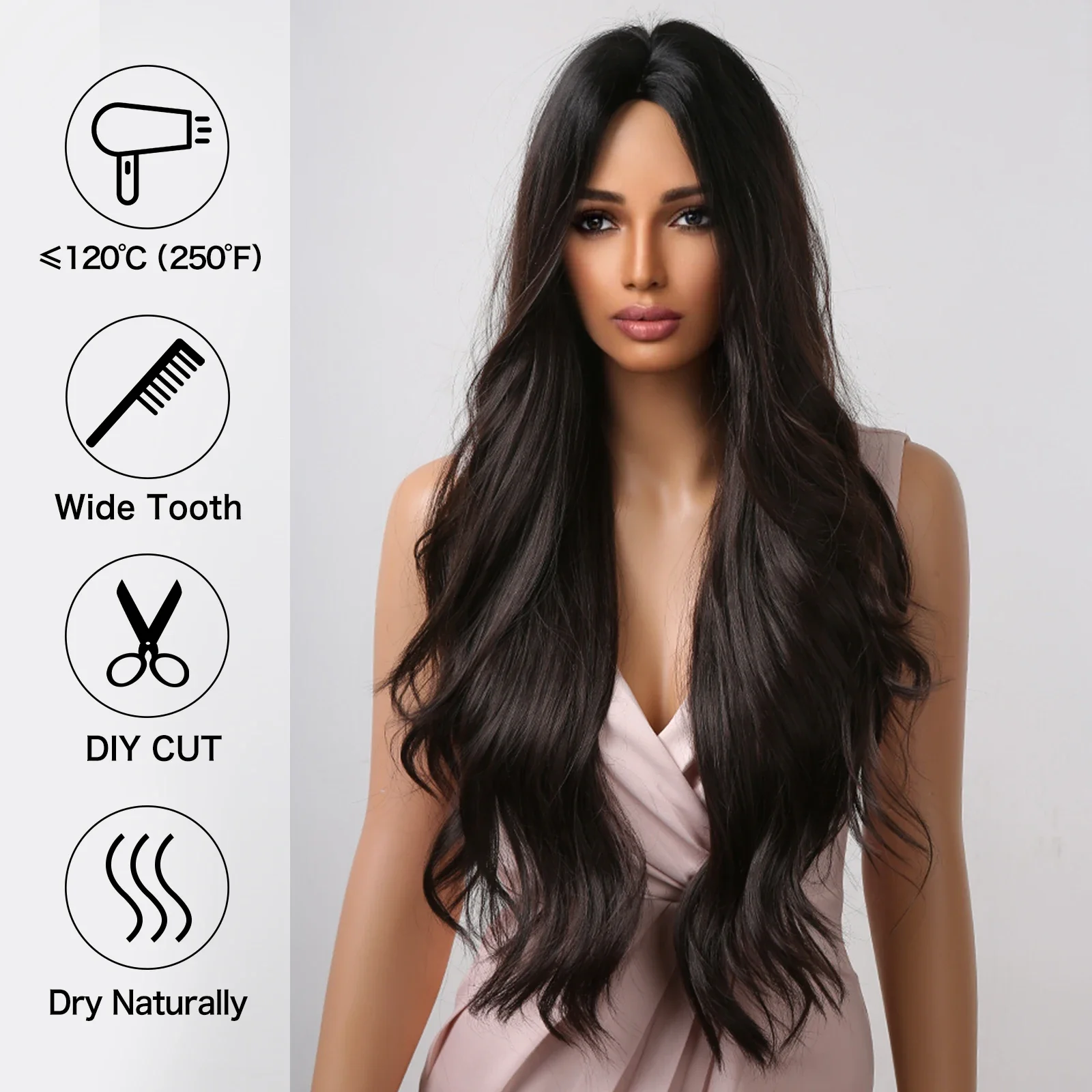 Long Wavy for Black Women Dark Brown Ntural Middle Parting Wavy Daily Cosplay Heat Resistant Synthetic Wigs