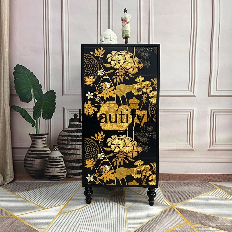 

French retro style, living room against the wall solid wood painted storage cabinet Chinese home bedroom bedside locker